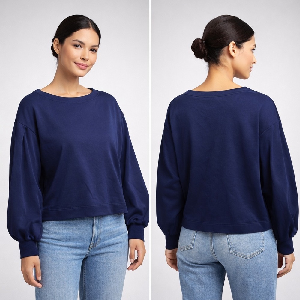 Banana Republic Navy Blue Drapey Puff Sleeve Crewneck Sweatshirt Small P‎